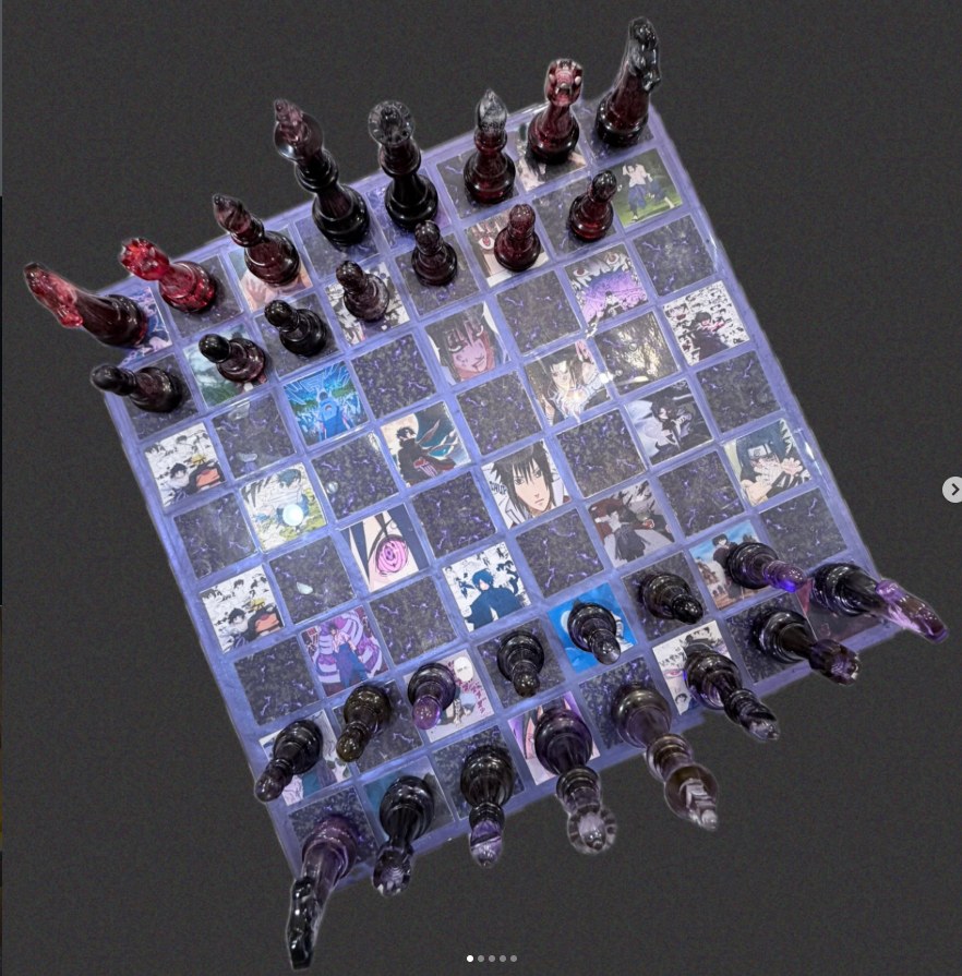 Custom resin chess board with embedded artwork in each square