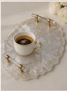 Studio photo — morning coffee on a crystal resin tray