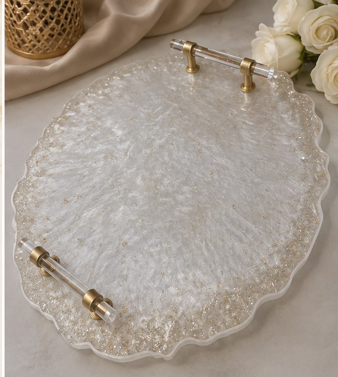 Luxe crystal resin tray with pearl finish, gold flakes and acrylic handles