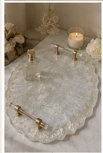 Crystal resin vanity tray styled with candle and perfume