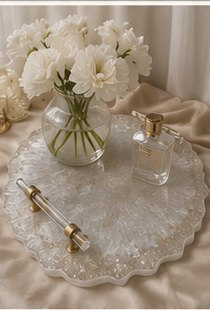 Luxe crystal resin serving tray styled with fresh white florals