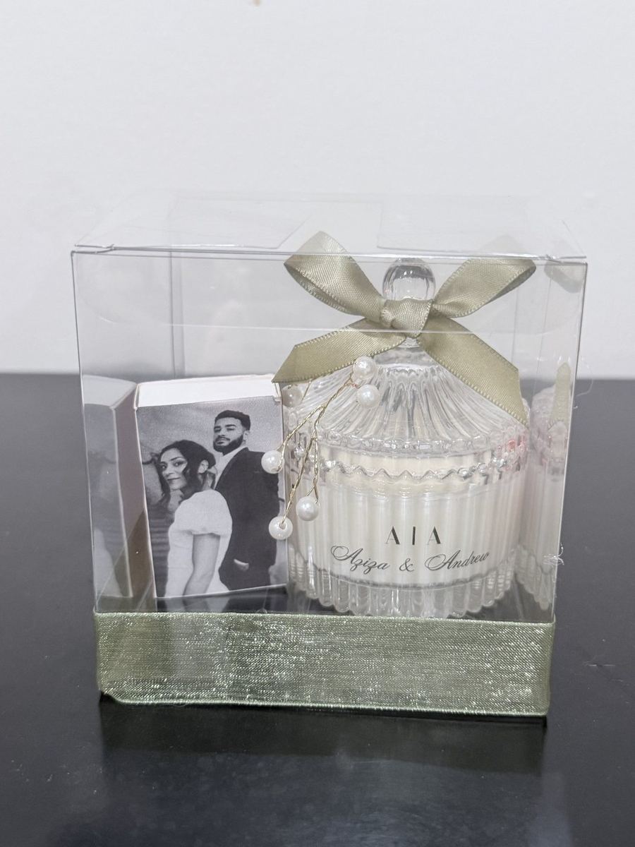 Personalized crystal candle wedding favor in gift box with ribbon