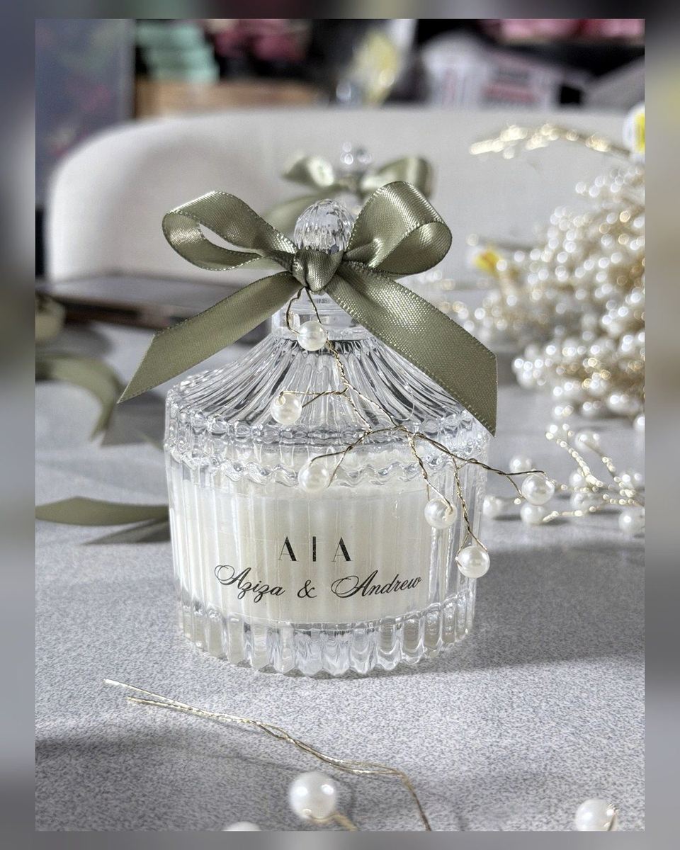Personalized crystal candle wedding favor with olive ribbon and pearls