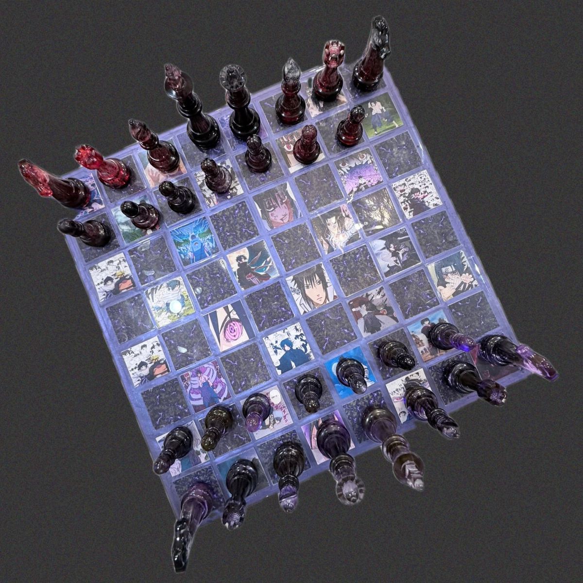 Purple resin chess set with embedded artwork squares