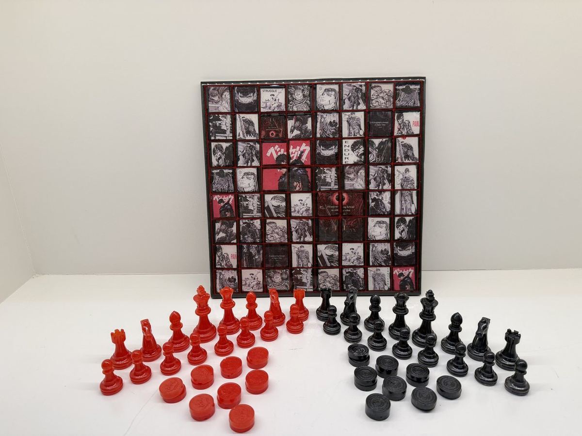 Custom red and black resin chess set with artwork board