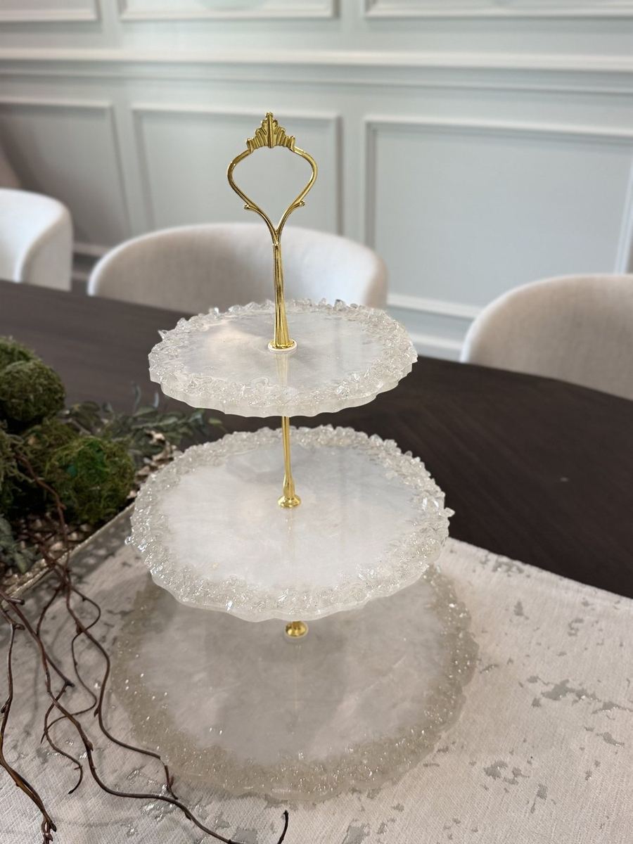 Crystal white resin dessert stand with gold hardware