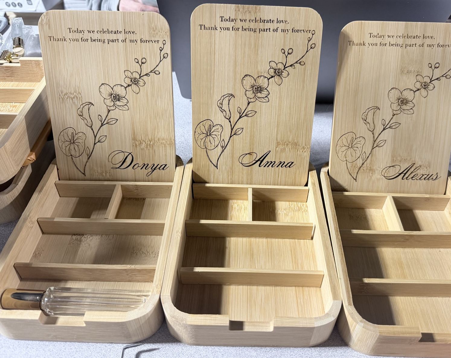 Engraved bamboo jewelry keepsake boxes