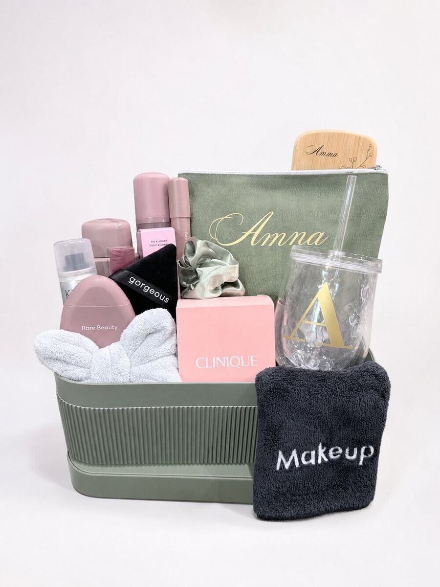 Personalized spa gift basket with engraved tumbler, sage pouch and bamboo brush