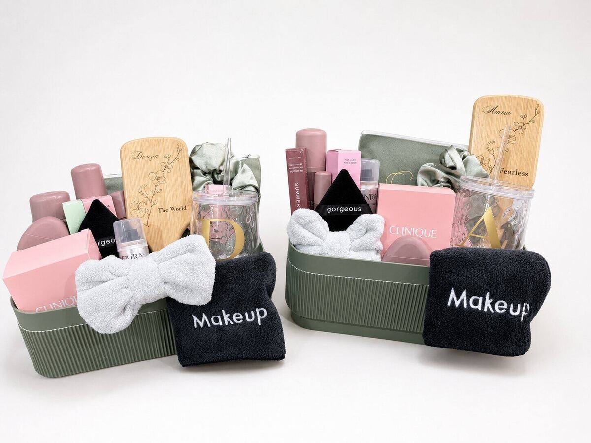 Pair of personalized sage green bridesmaid spa gift baskets