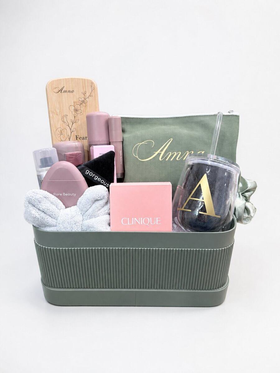 Sage green bridesmaid spa gift basket personalized with a name