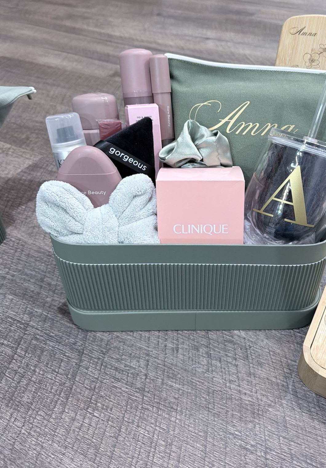 Sage green spa gift box with personalized robe and accessories