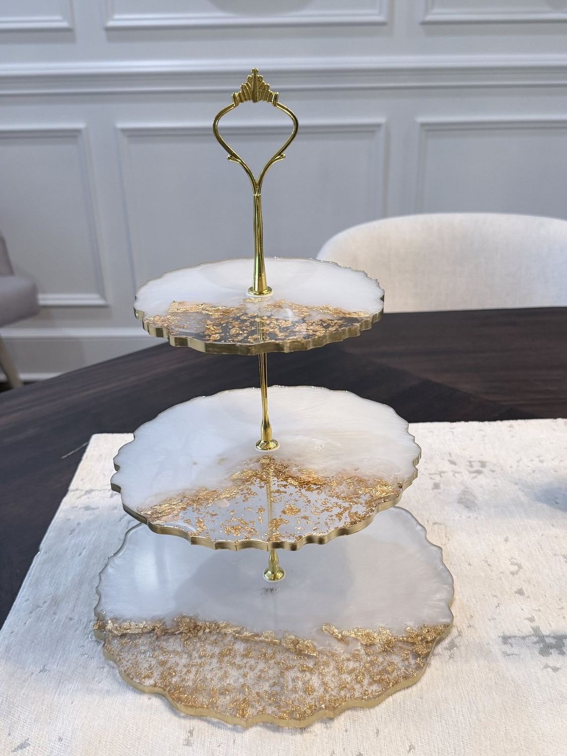 Handcrafted white and gold three-tier resin dessert stand