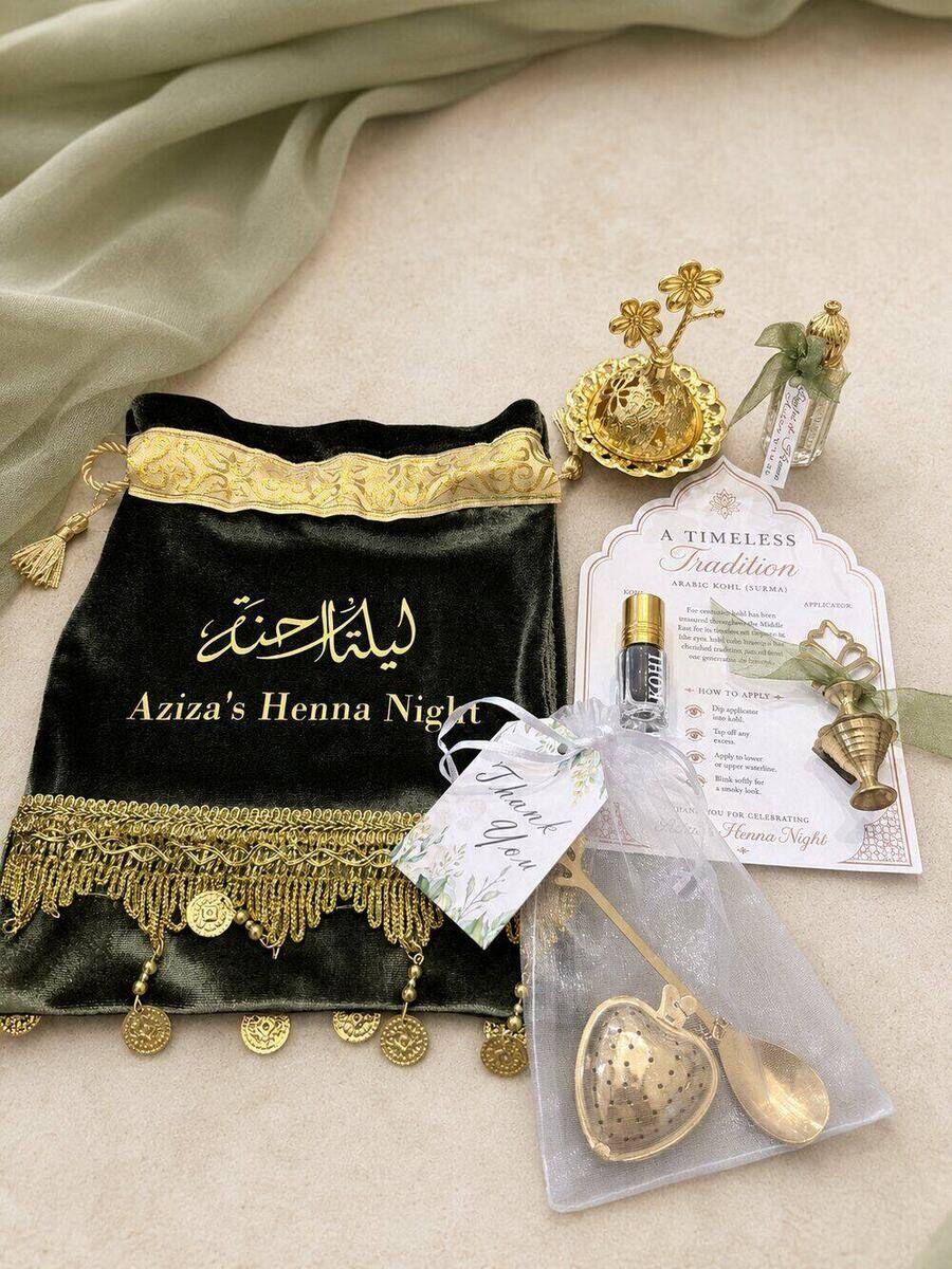 Henna night favor set with green velvet embroidered pouch and keepsake card