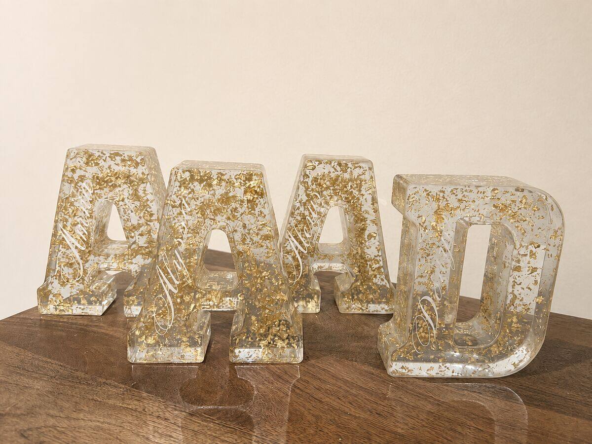 Custom resin display letters with gold detail