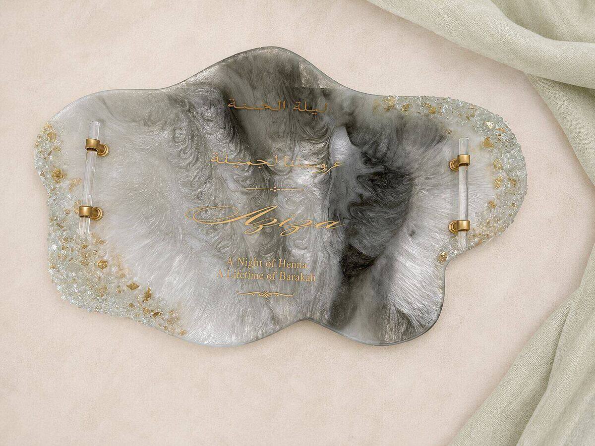 Personalized grey and gold resin tray with calligraphy and crushed crystal edge
