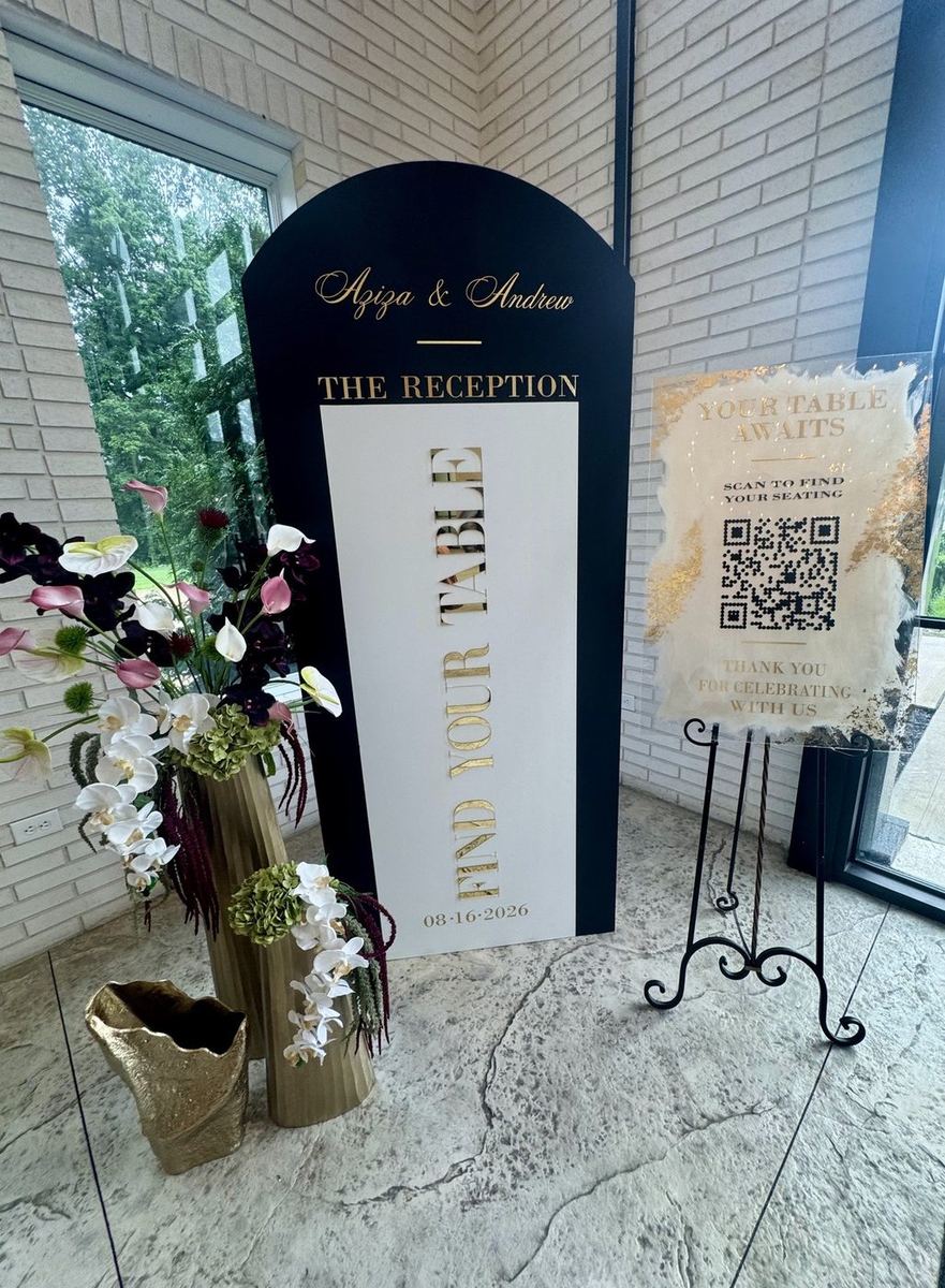 Custom wedding seating chart display with florals