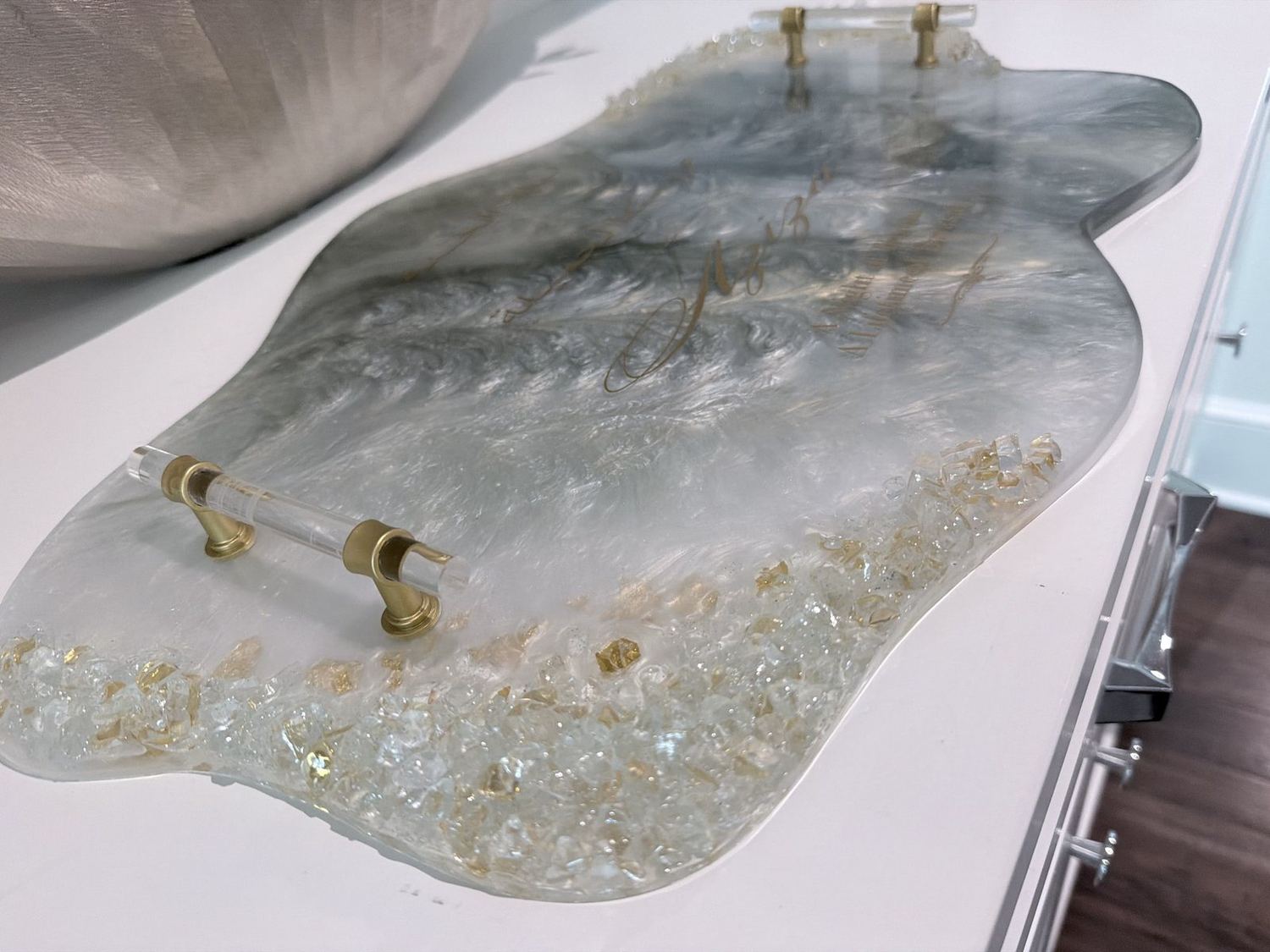 Large resin serving tray with gold handles