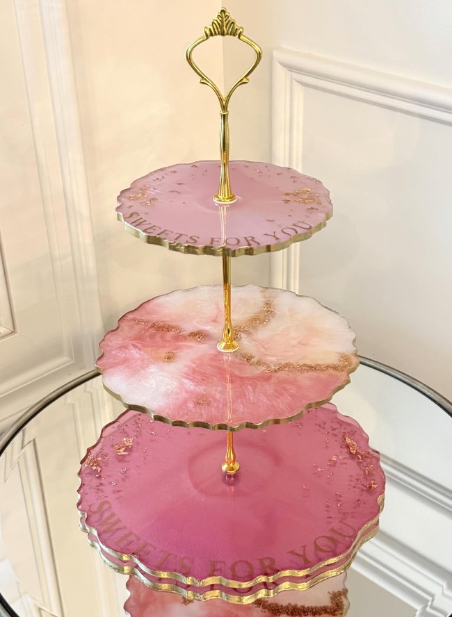Handcrafted blush and gold three-tier resin dessert stand